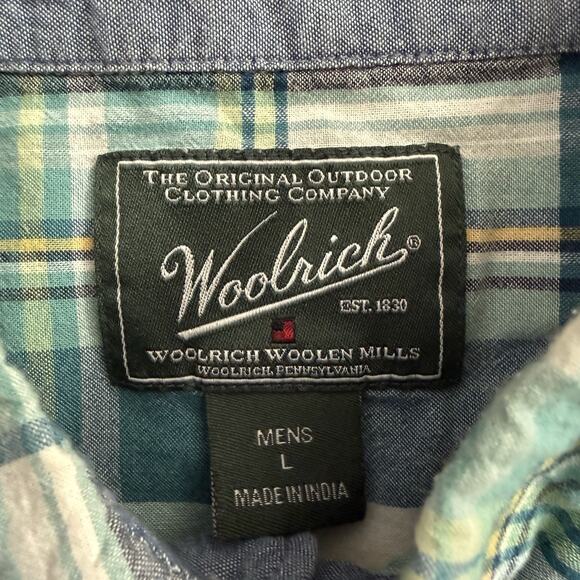 Woolrich Madras Plaid Shirt Mens Large Blue Green Organic Cotton Button Down - Picture 2 of 6